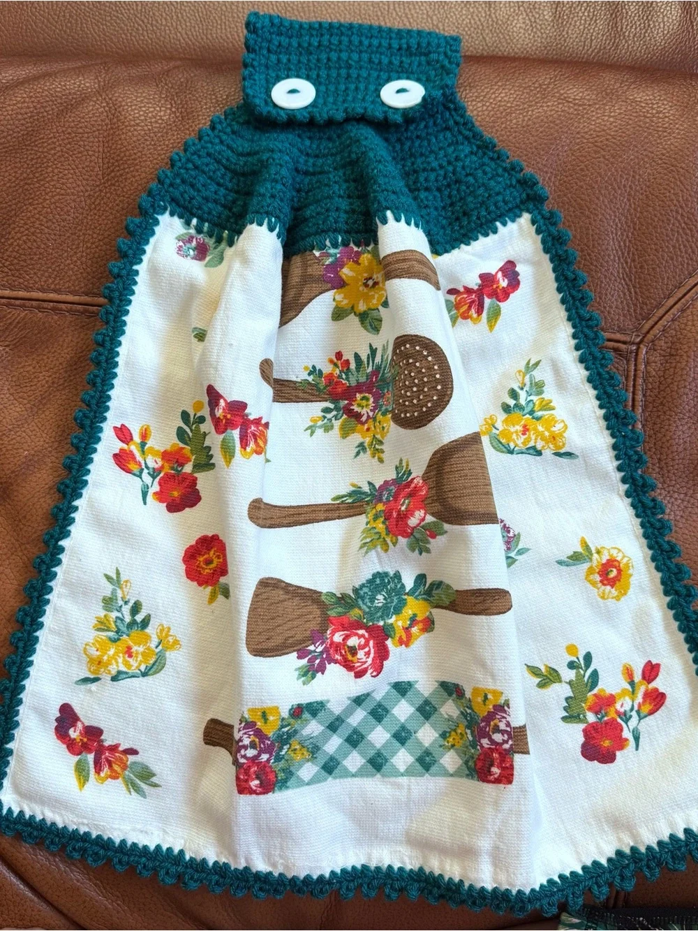 Pioneer Woman Handmade Crochet Hanging Kitchen Towel Teal Floral Utensils